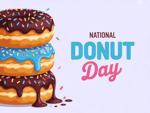 National donut day celebration poster with a stack of delicious glazed donuts with colorful sprinkles