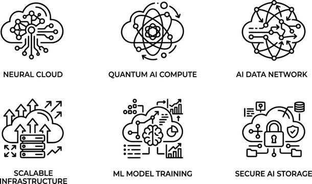 Collection of AI and cloud computing icons illustrating various aspects like neural networks, quantum computing, data networks, scalable infrastructure, machine learning, and security.