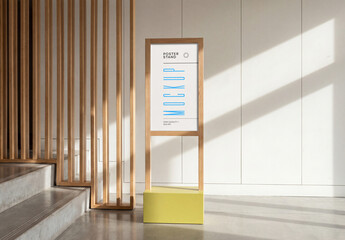 Vertical wooden poster stand mockup with yellow base in a modern interior next to concrete stairs and white wall with geometric shadows