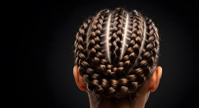 Intricate braided hairstyle for brunette hair back view | Professional cornrow braids on young woman | Creative hair art expression and grooming style | Symbolic beauty and personal care