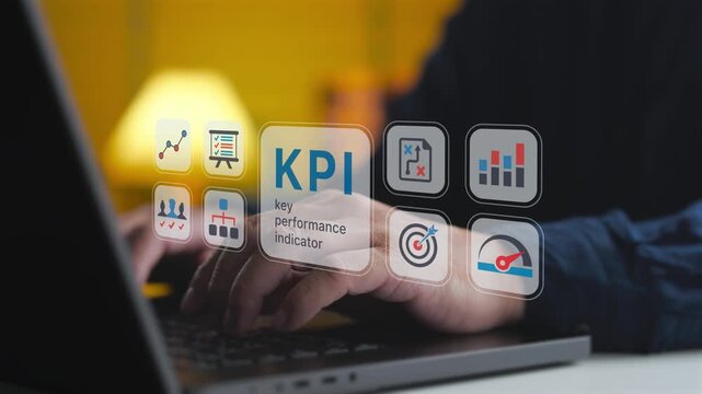 Human resources specialist analyzing personnel benchmarks on digital kpi interface. Concept of key performance indicator tracking, business productivity evaluation, and corporate target achievement.