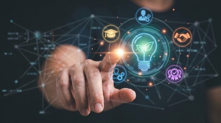 Obraz premium Businessman touching digital light bulb icon with green leaves inside, representing sustainable innovation, ecofriendly technology, and green energy solutions