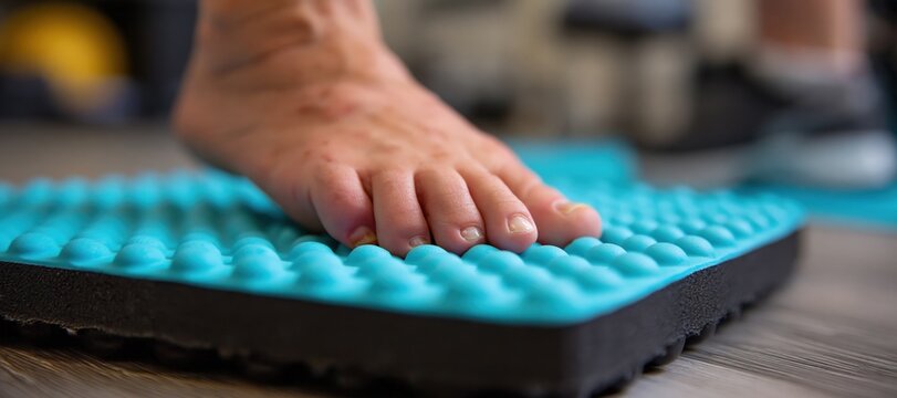 Foot pressing on textured balance pad during ankle rehabilitation in clinic gym