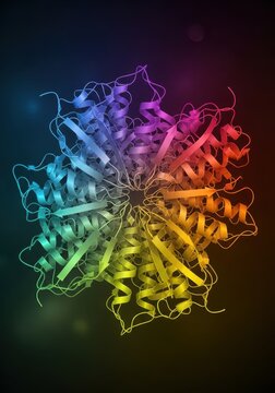 Abstract visualization of a complex protein structure showing alpha helices and beta sheets, critical components in cellular function and biological pathways, medicine, bond, discovery