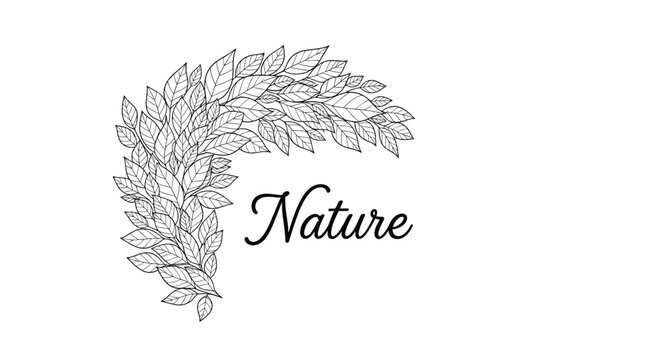 Nature word in elegant script font placed next to a curved decorative arrangement of hand drawn leaf sketches on white.