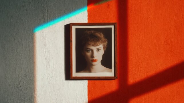 A framed portrait of a woman with red hair and red lips hangs on a wall split into gray and bright orange sections with dynamic light and shadows.
