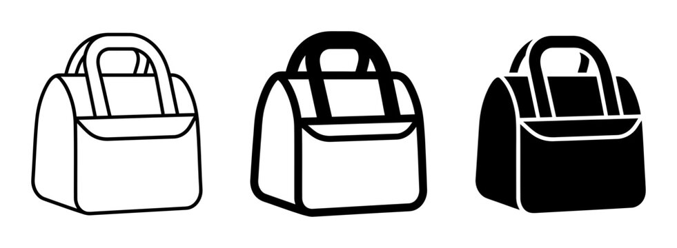 3 Handbag silhouette icons, tote bag, shoulder bag, solid black style, fashion accessories