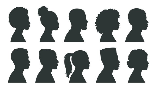 Diverse human head silhouettes with varied hairstyles black on white silhouette