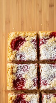 Delicious close-up image of rich, buttery shortbread bars topped with a sweet fruit filling, dusted lightly with powdered sugar on a wooden surface, closeup, flaky, homemade