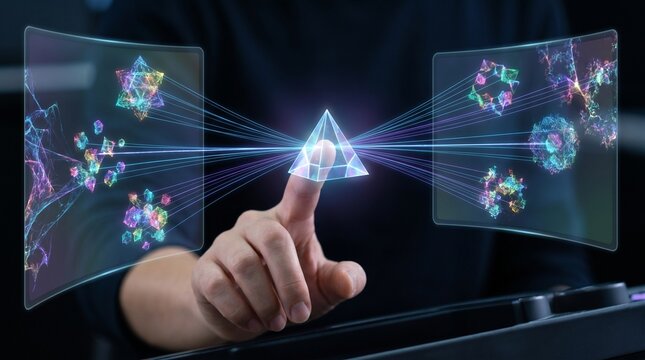Futuristic technology concept with a hand touching a glowing pyramid prism, processing digital data and complex molecular structures