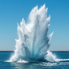 Obraz premium Intense white spray explodes high above the blue water surface, creating a dynamic fan pattern during a thrilling high speed water sport activity, wake, blue, splash