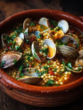 A terracotta bowl filled with Sardinian fregola pasta, clams, and saffron broth garnished with fresh herbs, evoking a coastal Italian culinary experience.
