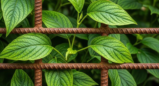 Green foliage and thick leaves pressing against rusted metal bars, showing the wild growing despite restraint, freedom, jungle, rusted