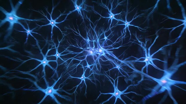 Close up animation of glowing neurons transmitting electrical signals through a neural network. Futuristic neuroscience and brain activity concept for medical, scientific and technology content.
