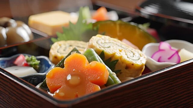 Delicious Japanese Bento Box Meal with Tamagoyaki and Pickled Vegetables.