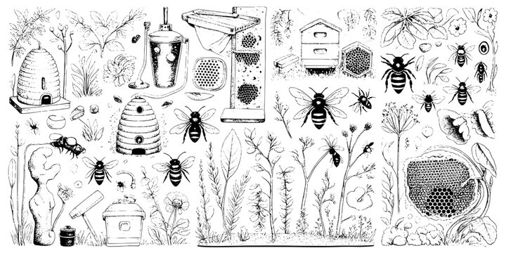 Bees and beehive line art set with botanical plants, insects, honeycomb and honey dipper elements featuring bee, beekeeping, insect pattern with
