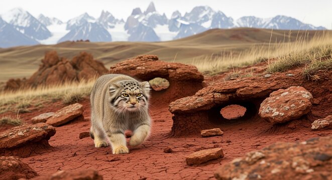 A fluffy wild Pallas's cat walking on red rocky ground in a desert mountain area with high snow peaks in the background