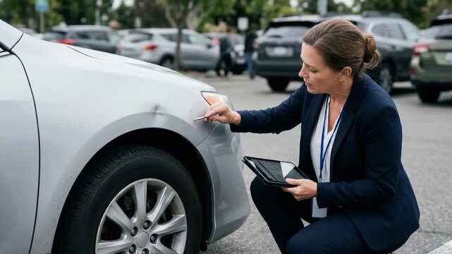 Insurance adjuster examines minor fender dent on silver sedan parked in lot with blurred background emphasizing detailed car damage and focused inspection process.