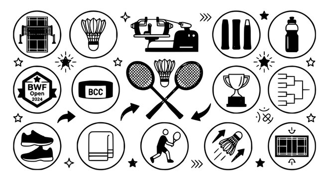 Badminton sports icon collection with racket and shuttlecock vectors