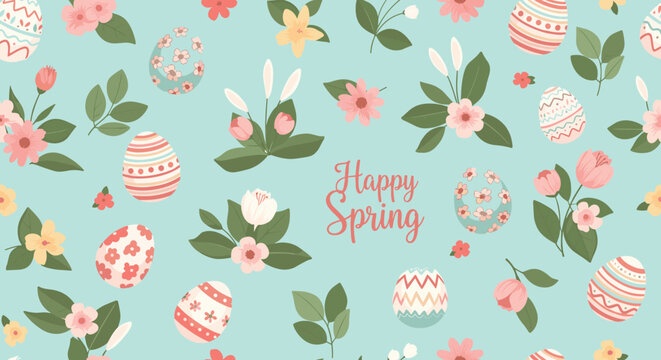 Seamless spring pattern featuring Happy Spring text, decorated easter eggs, and various colorful floral bouquets.