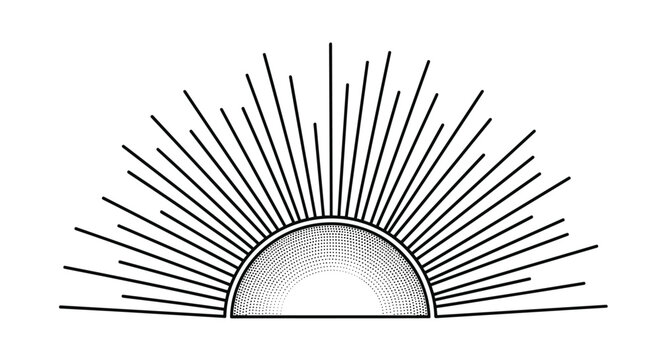 Stippled illustration of rising sun or half-circle with radiating black lines representing rays, rendered in a vintage engraving style on white.