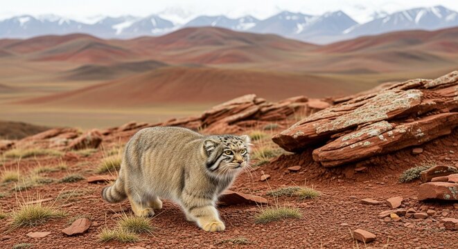 A fluffy wild manul cat walking across a red rocky desert landscape with rolling hills and snowy mountains in the distance.