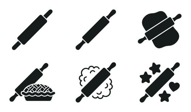 Black rolling pin icons, baking symbols, kitchen tools, pastry illustrations