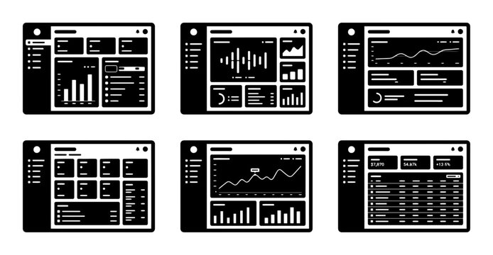 Black and white business dashboard icons, data visualization graphics, infographic elements, UI templates