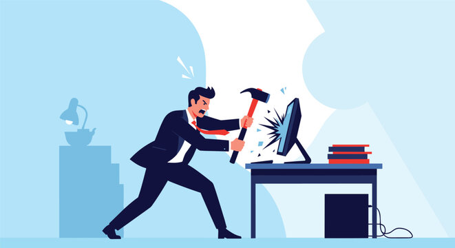 Furious businessman in a suit smashing his desktop computer monitor with a heavy hammer out of extreme frustration.