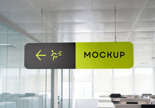 Horizontal ceiling hung navigation sign mockup suspended by cables in a modern office interior with glass walls and cubicles background