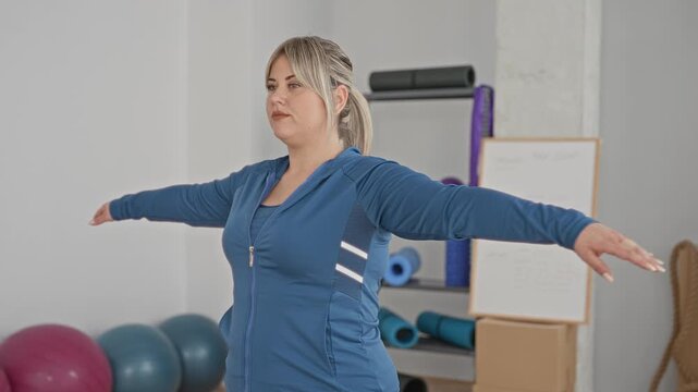 Woman arms outstretched performing standing stretch near exercise balls and foam rollers in a fitness studio; focus balance.
