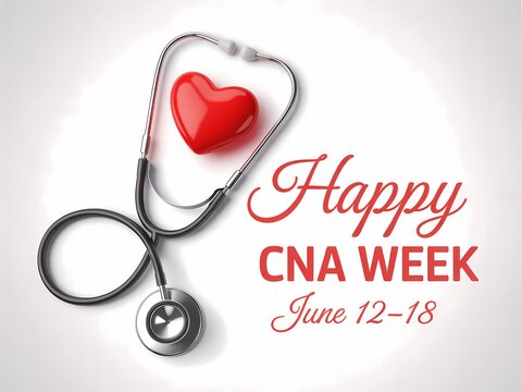 Stethoscope and red heart symbol isolated on white background, happy cna week concept