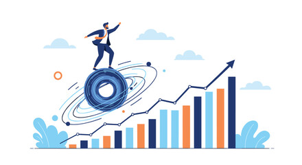 Fototapeta premium Innovative businessman surfing on a blue digital ring above an upward trending bar chart to visualize data driven growth and agility.