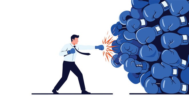 Resilient businessman wearing blue gloves punching through a large pile of boxing gloves to overcome multiple obstacles and competition.