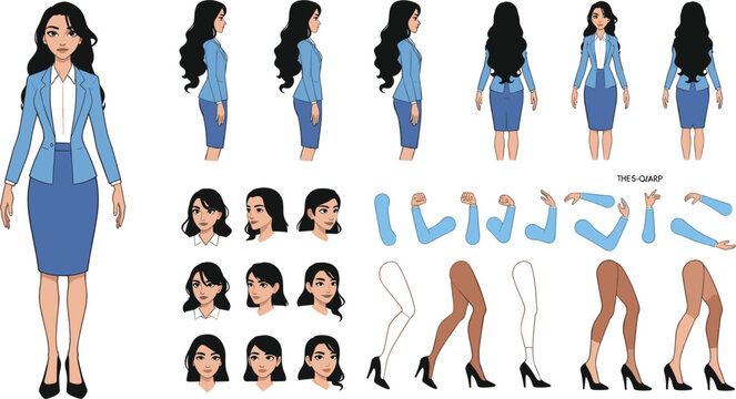 Business Woman Character Construction Kit in Blue Suit with Turnaround View Head Angles Arm Gestures and Walking Leg Poses for Explainer Videos