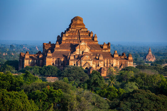 Ancient Dhammayangyi temple in Bagan archeological zone Myanmar. Majestic brick Buddhist Dhammayangyi pagoda rising above green trees plain under blue sky during sunny day, Bagan, Myanmar, Burma