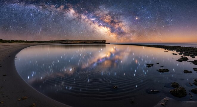 Calm Water Mirror Reflecting Milky Way Galaxy on a Sandy Beach