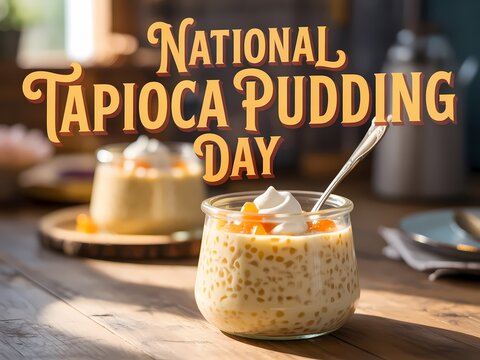 National tapioca pudding day celebration with a glass jar of creamy dessert topped with whipped cream and fruit pieces