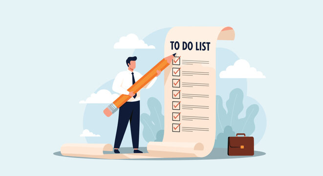 Organized businessman holding a giant pencil while checking off completed tasks on a long to-do list paper.
