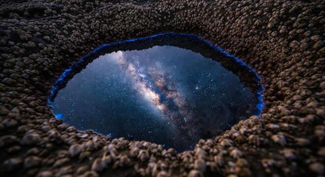 Milky Way Galaxy Reflection in a Rock Pool with Bioluminescence