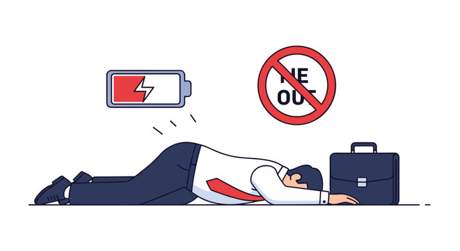 Exhausted businessman lying face down on the floor with a low battery symbol representing burnout and tiredness.