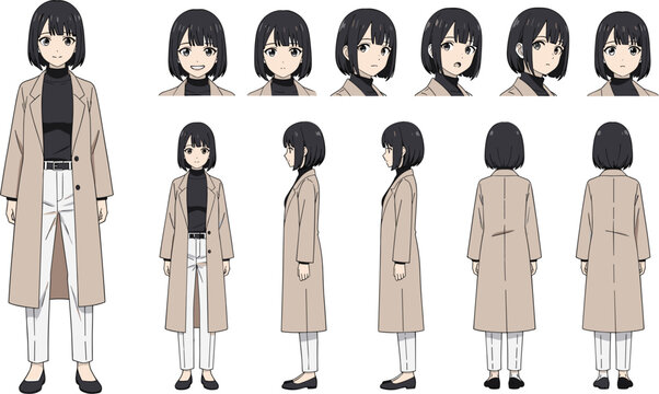 Anime Style Woman Character Turnaround Sheet with Different Facial Expressions and Multiple Angles for Animation Concepts Game Design and Comic Illustration