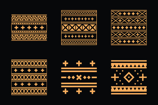 Hand-drawn tribal ethnic geometric patterns and borders isolated on black background.