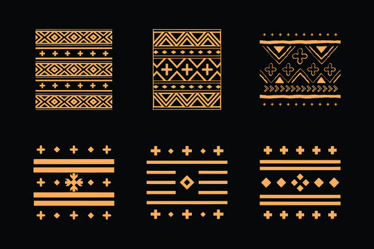 Hand-drawn tribal ethnic geometric patterns and borders isolated on black background.