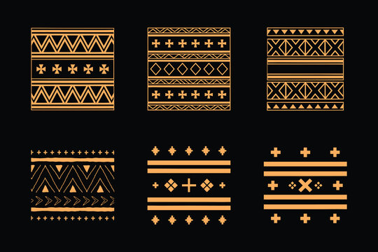 Hand-drawn tribal ethnic geometric patterns and borders isolated on black background.
