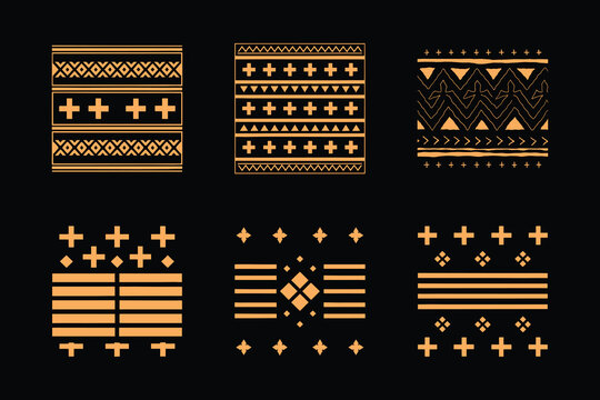 Hand-drawn tribal ethnic geometric patterns and borders isolated on black background.