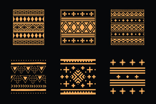 Hand-drawn tribal ethnic geometric patterns and borders isolated on black background.