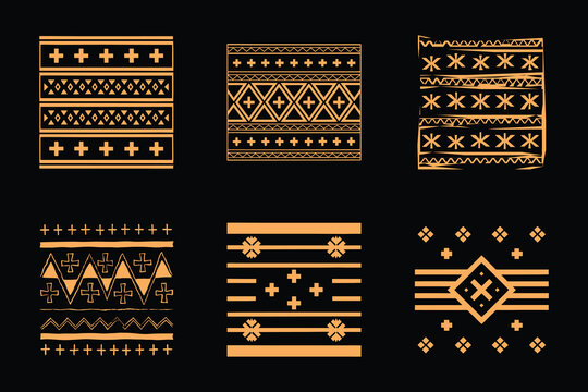 Hand-drawn tribal ethnic geometric patterns and borders isolated on black background.