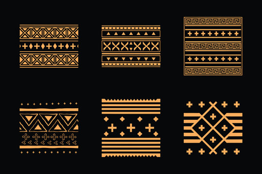 Hand-drawn tribal ethnic geometric patterns and borders isolated on black background.