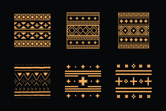 Hand-drawn tribal ethnic geometric patterns and borders isolated on black background.